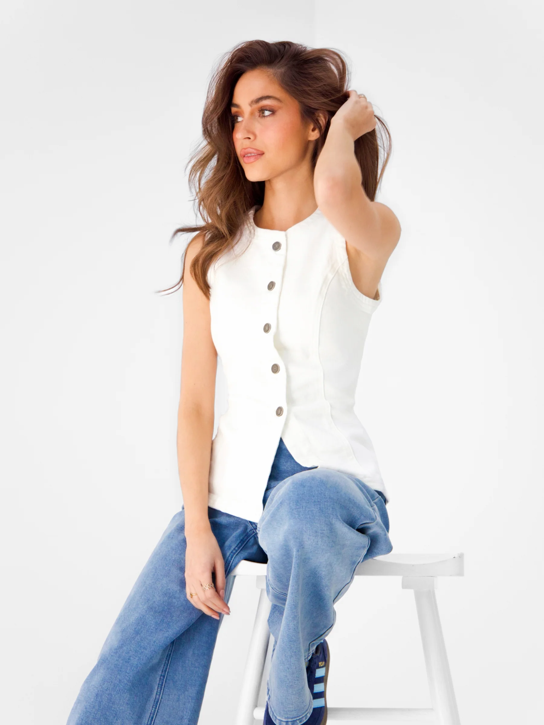 Blakely Denim Button Up Top - White - Image 5