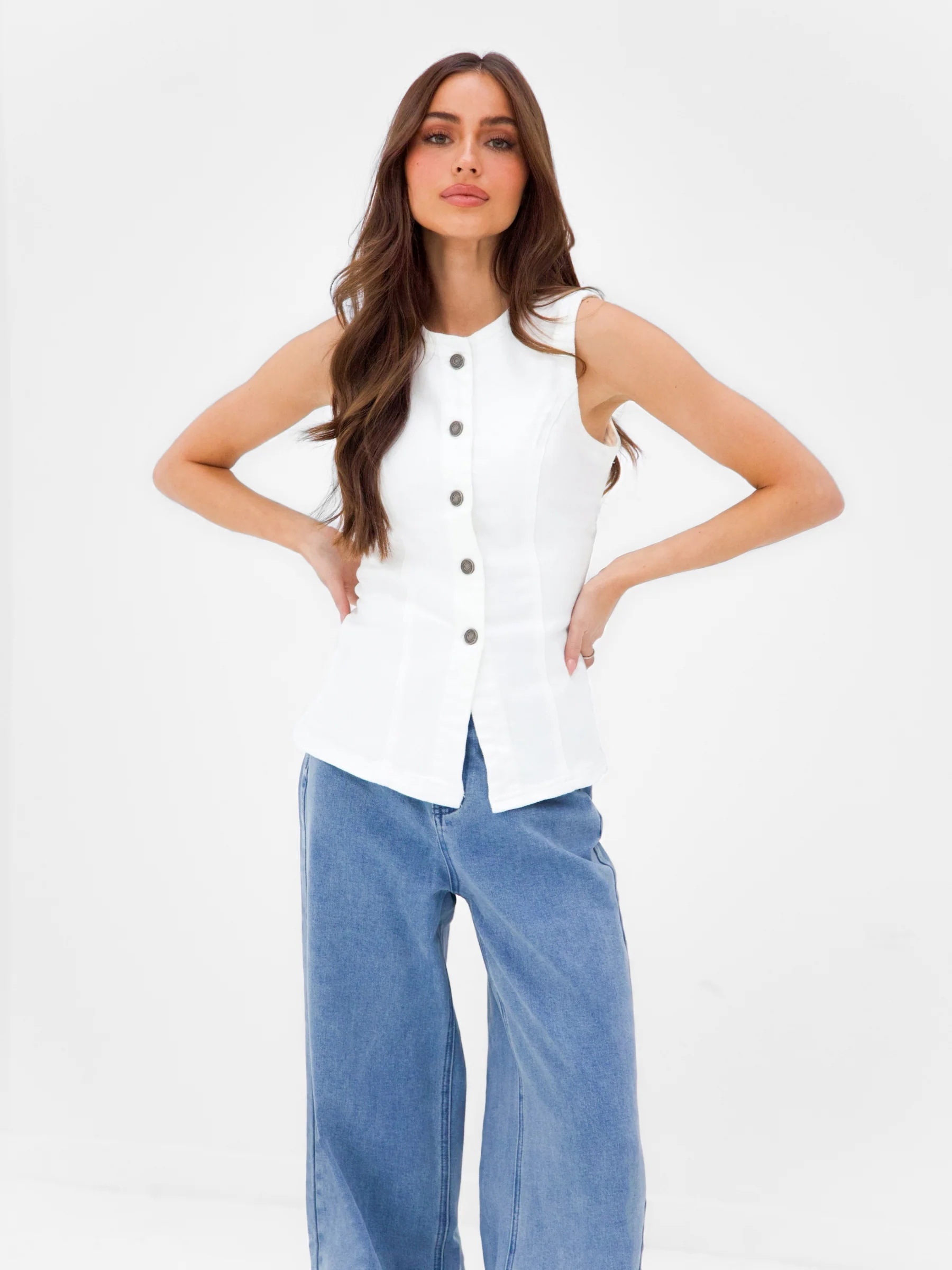 Blakely Denim Button Up Top - White - Image 6