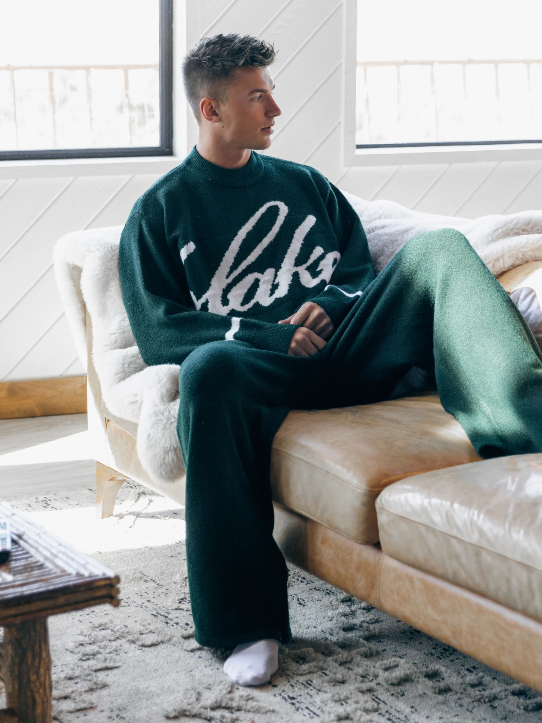 Knitted Script Wide Leg Sweatpants - Emerald Green - Image 2