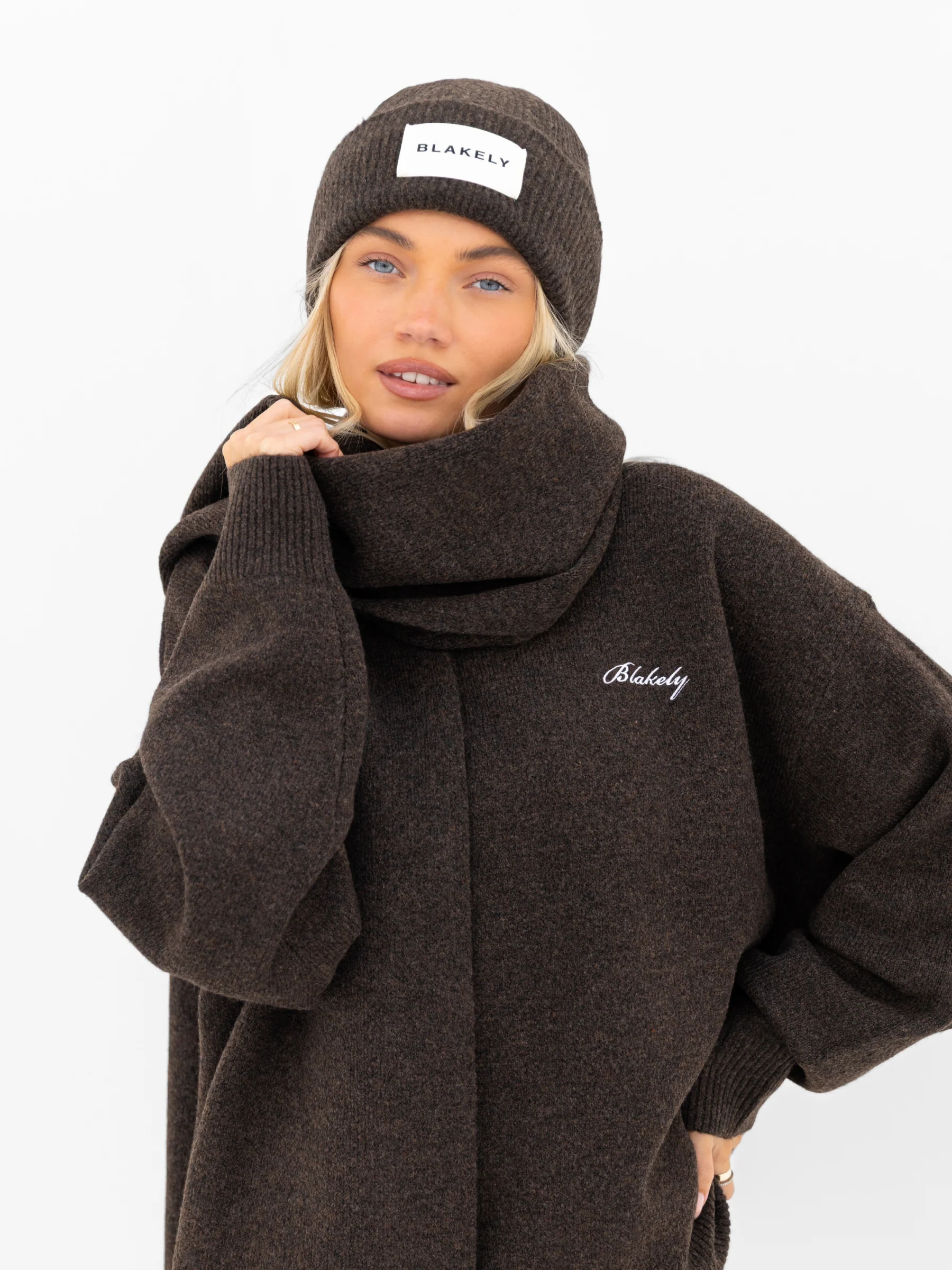 Label Knitted Scarf - Chocolate Brown - Image 2