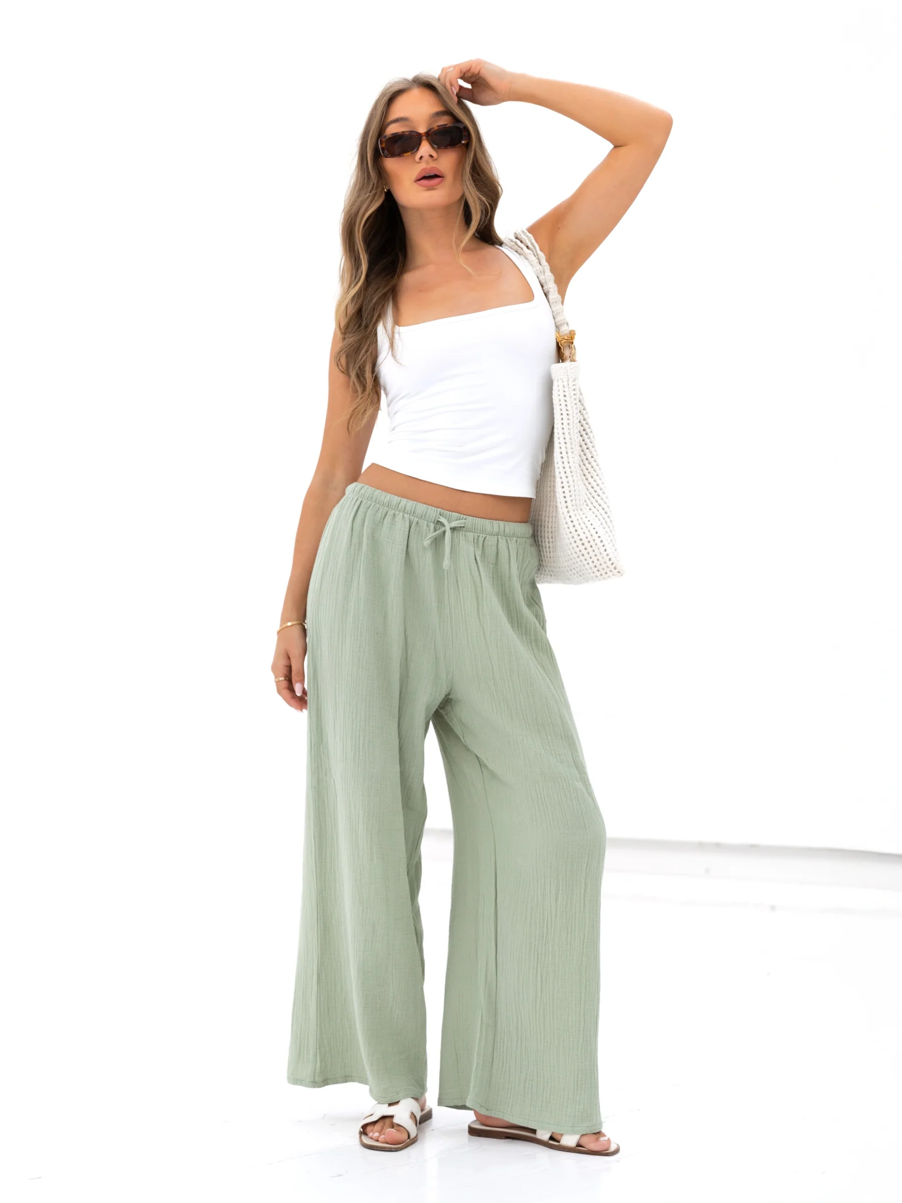 Mila Wide Leg Trousers - Green - Image 4