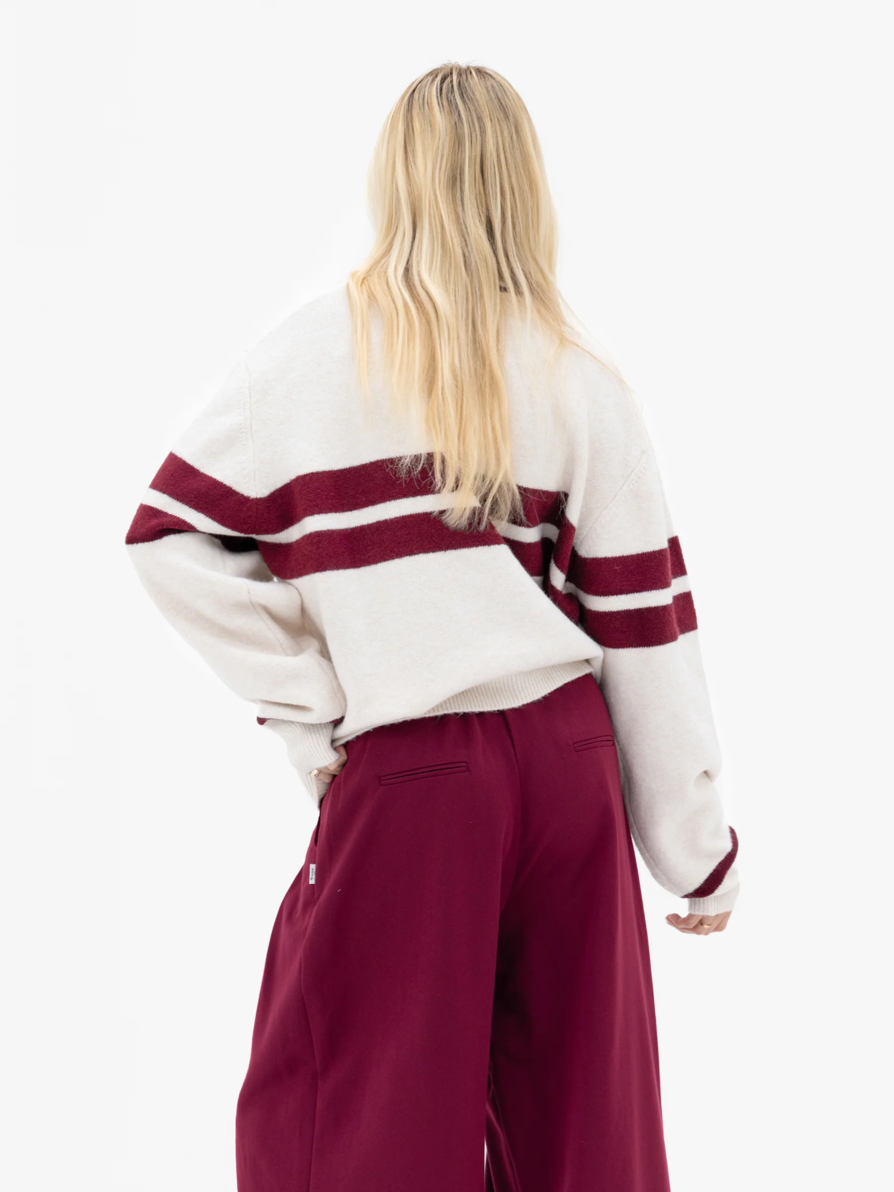 Mindy Stripe Knitted Jumper - Off White & Burgundy - Image 2