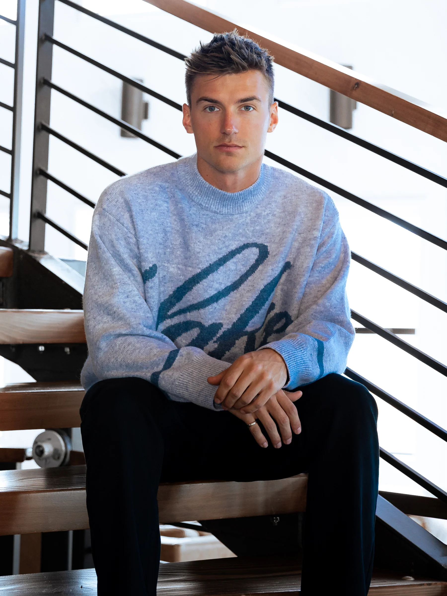 Relaxed Script Knitted Jumper - Icy Blue - Image 3