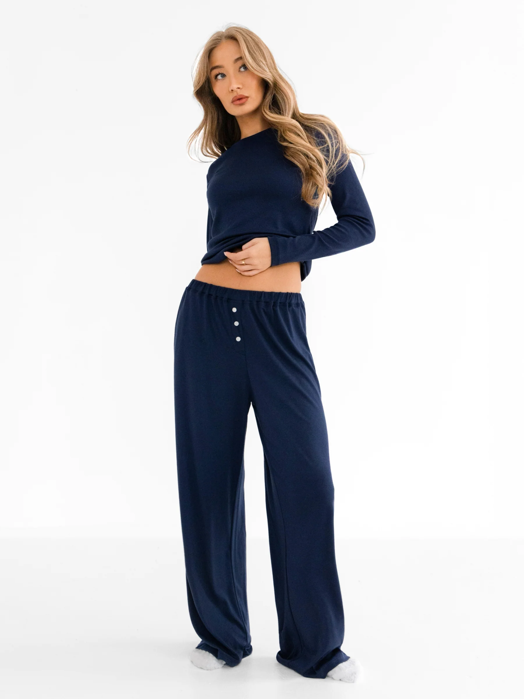 Rosie Pointelle Long Sleeve Top - Light Navy - Image 4