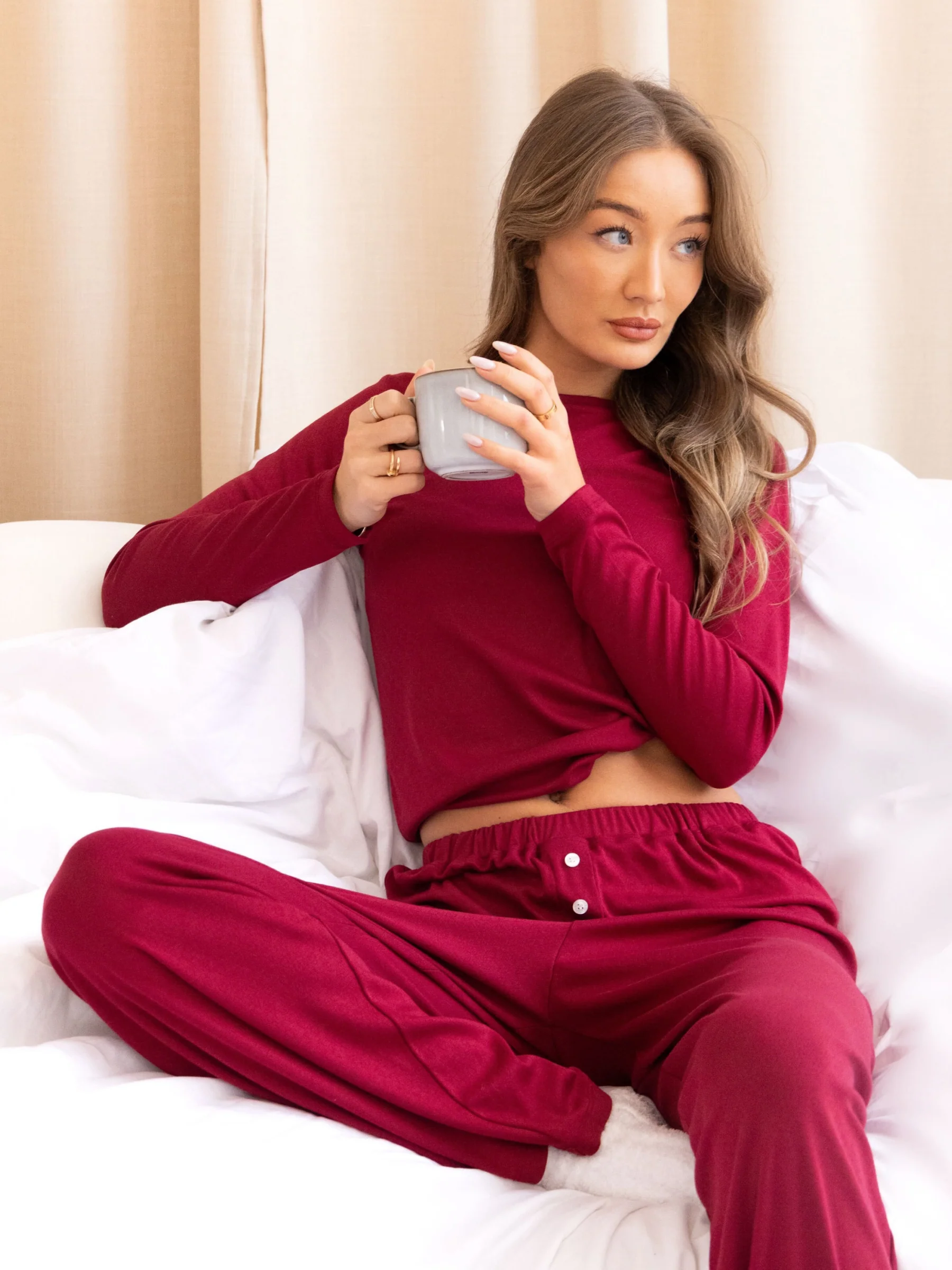 Rosie Pointelle Long Sleeve Top - Soft Burgundy - Image 2