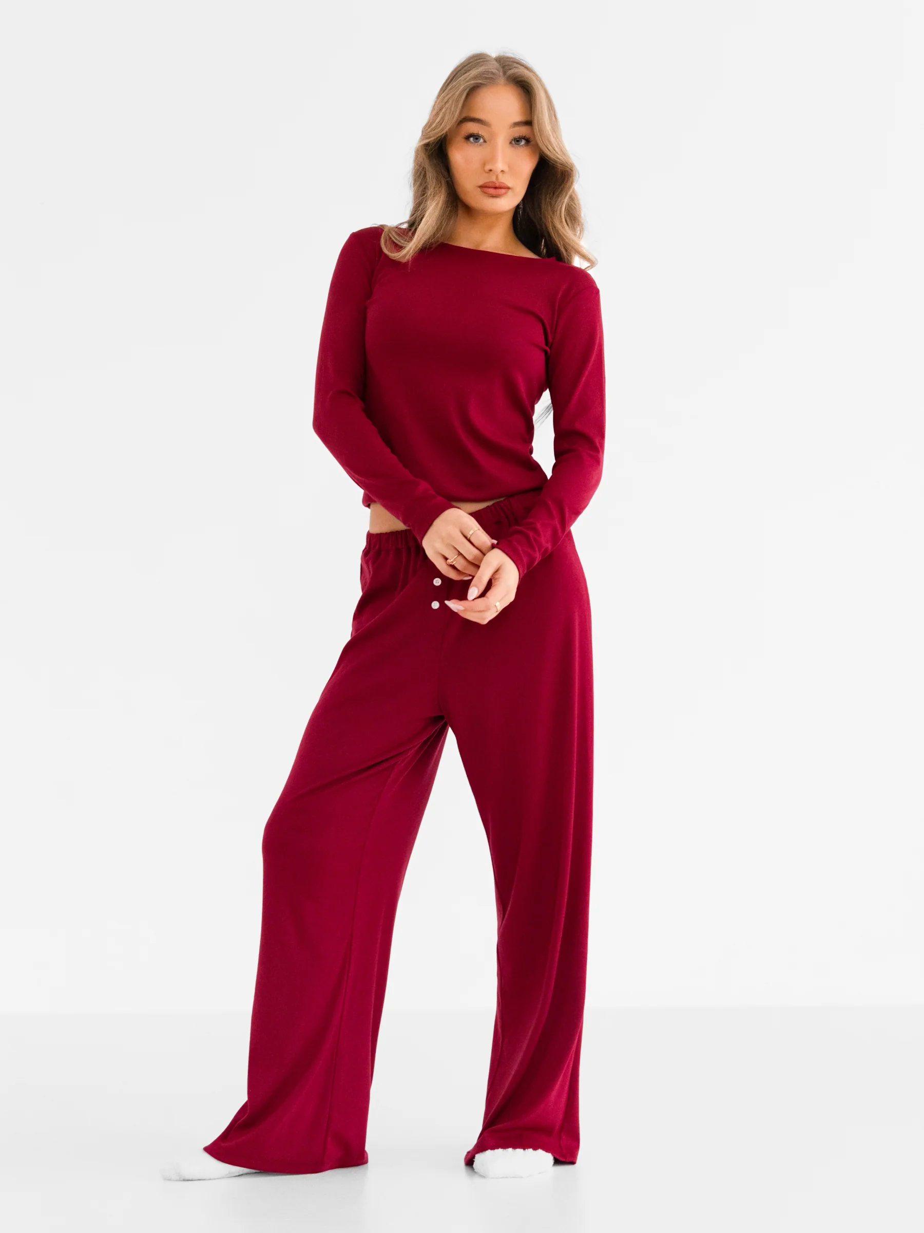 Rosie Pointelle Long Sleeve Top - Soft Burgundy - Image 3