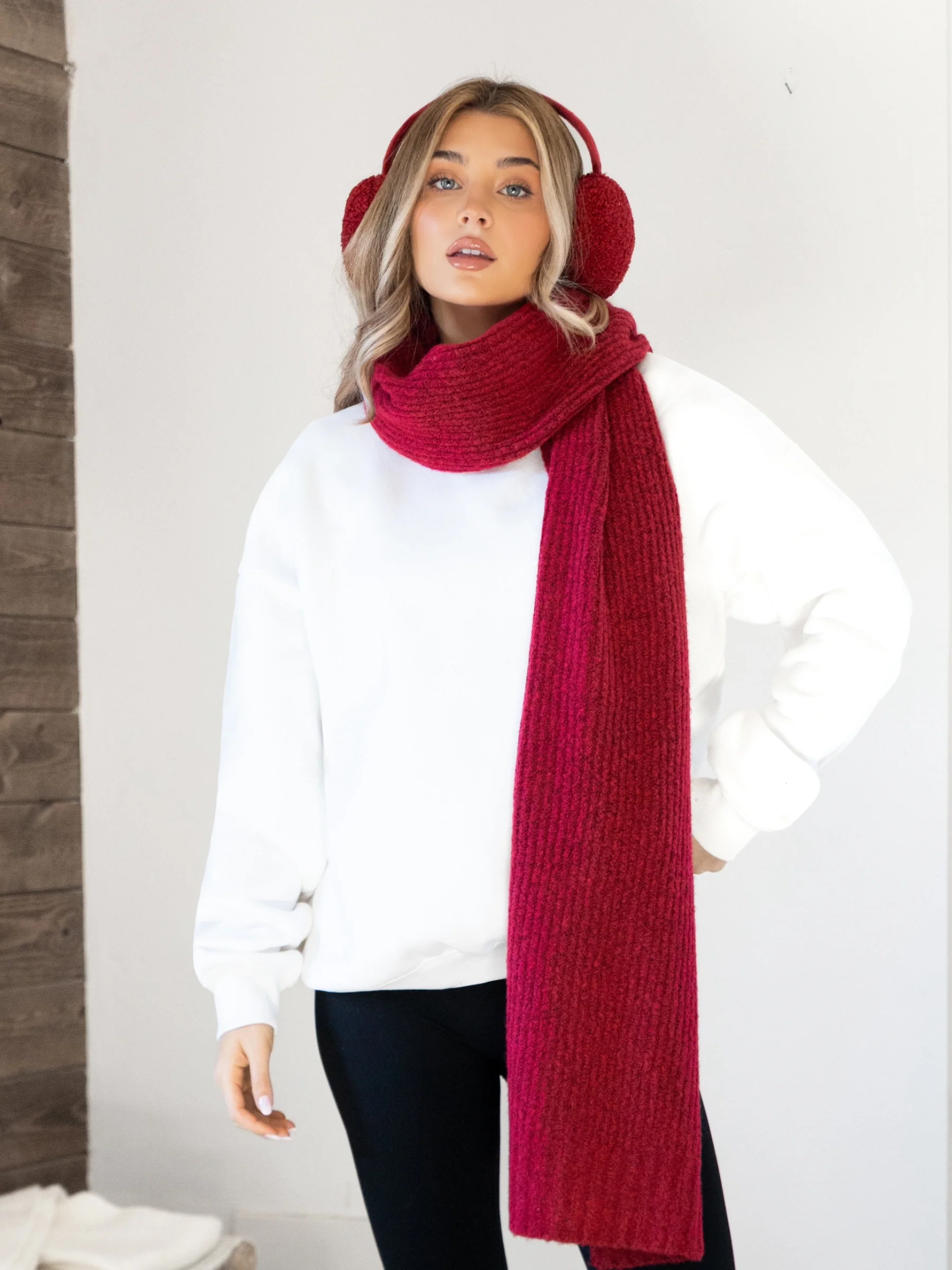 Script Label Knit Scarf - Cherry Red - Image 2