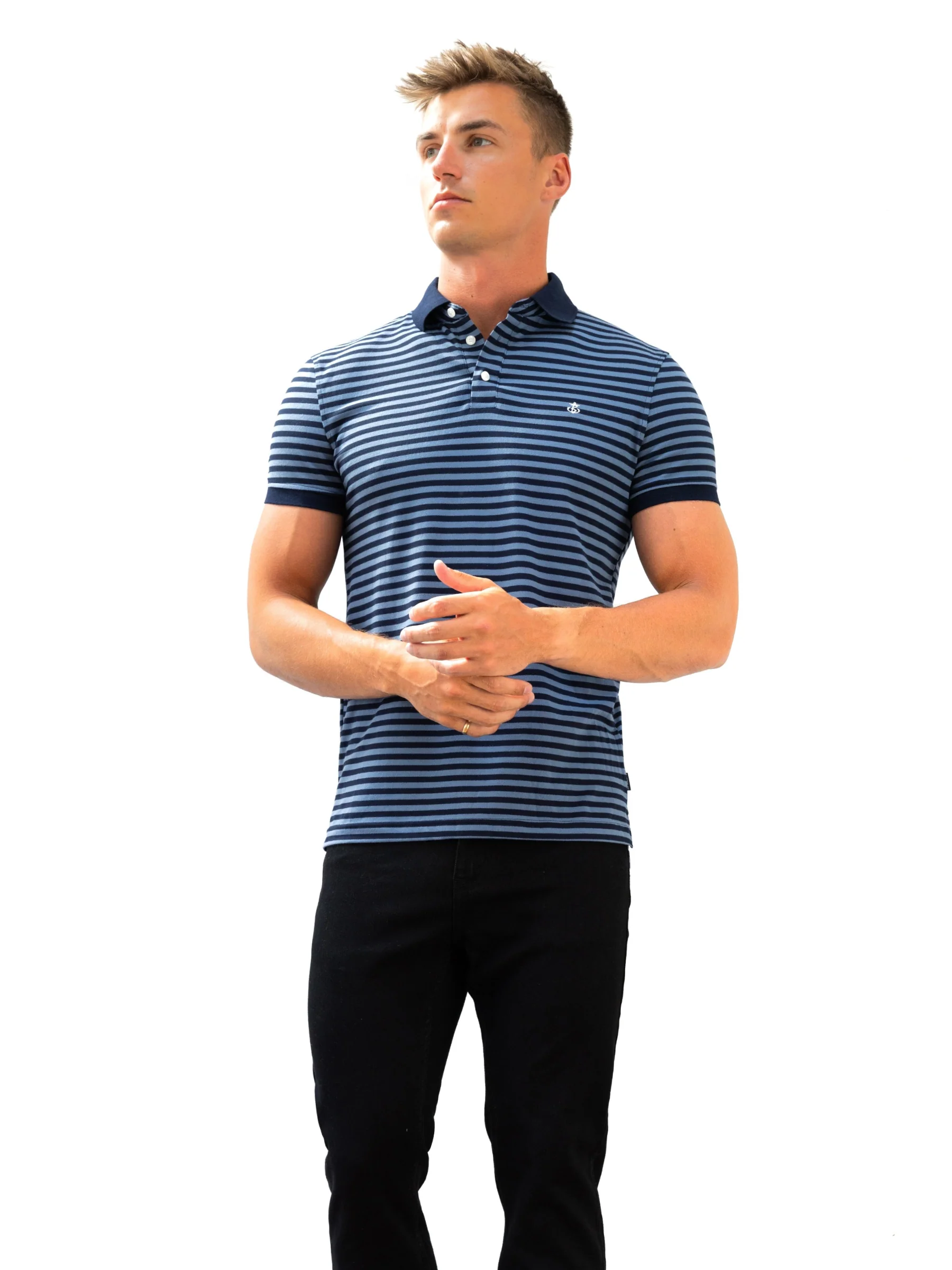 Stripe Polo Shirt - Mid Navy - Image 3