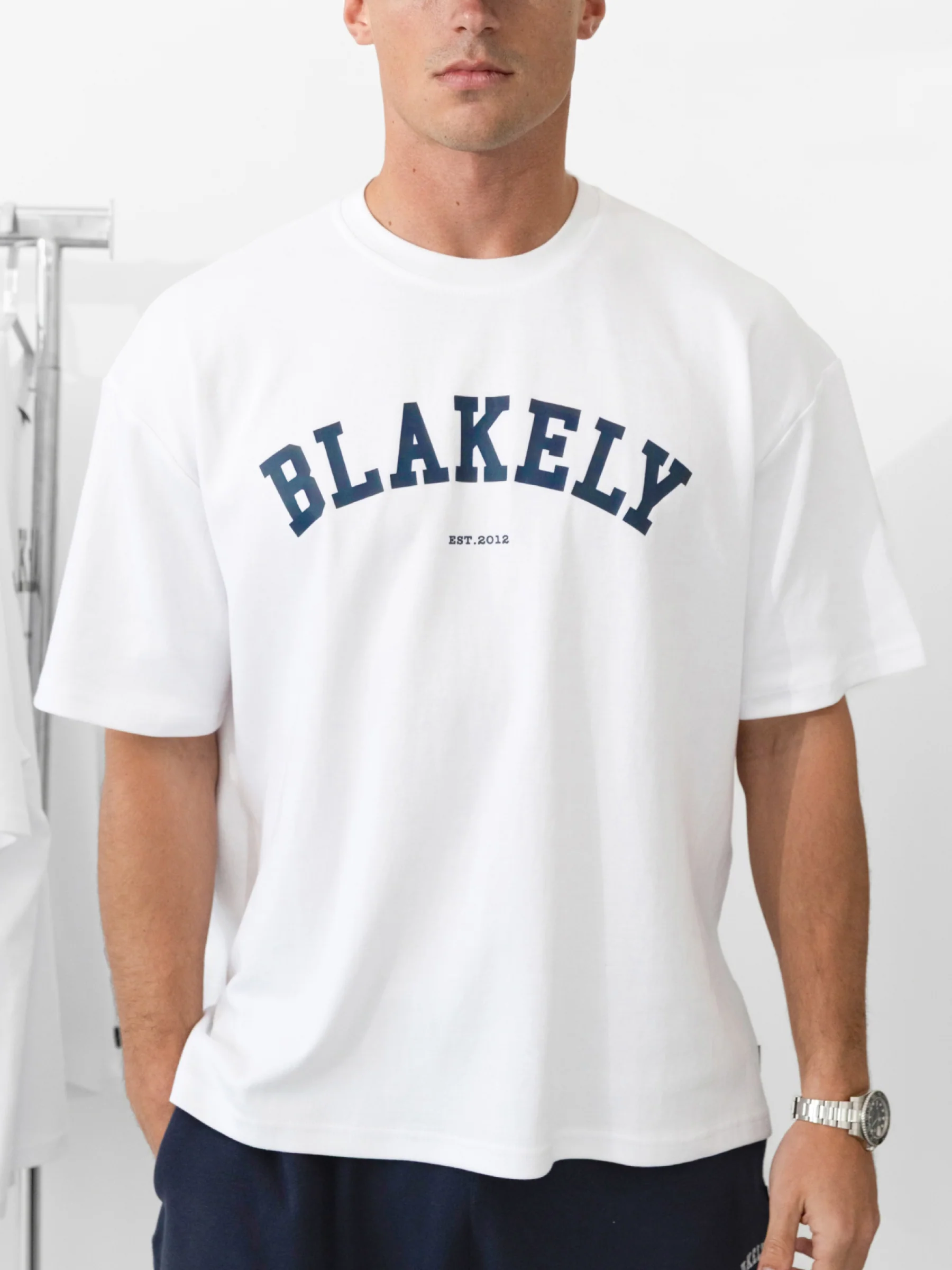 Varsity Unfitted T-Shirt - White & True Navy - Image 6