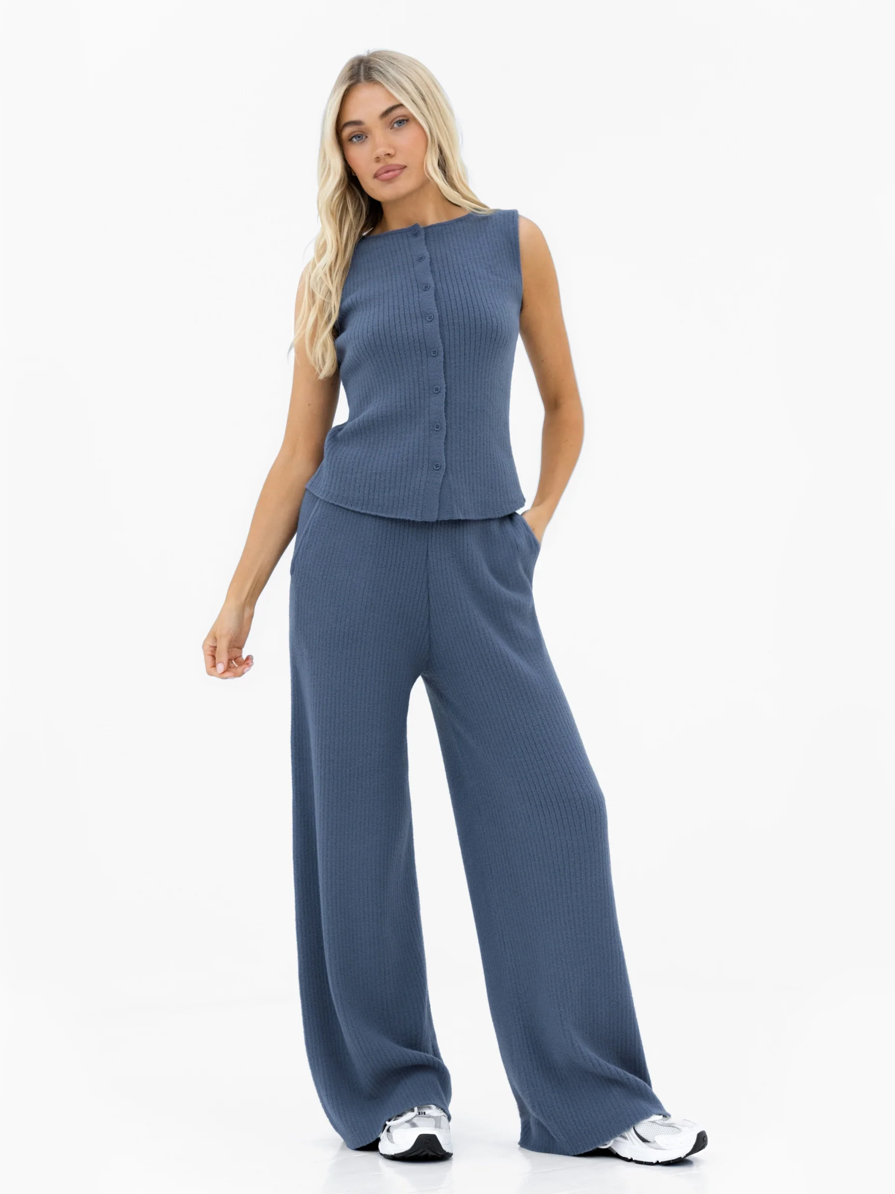 Zoey Ribbed Button Up Top - Smoky Blue - Image 3