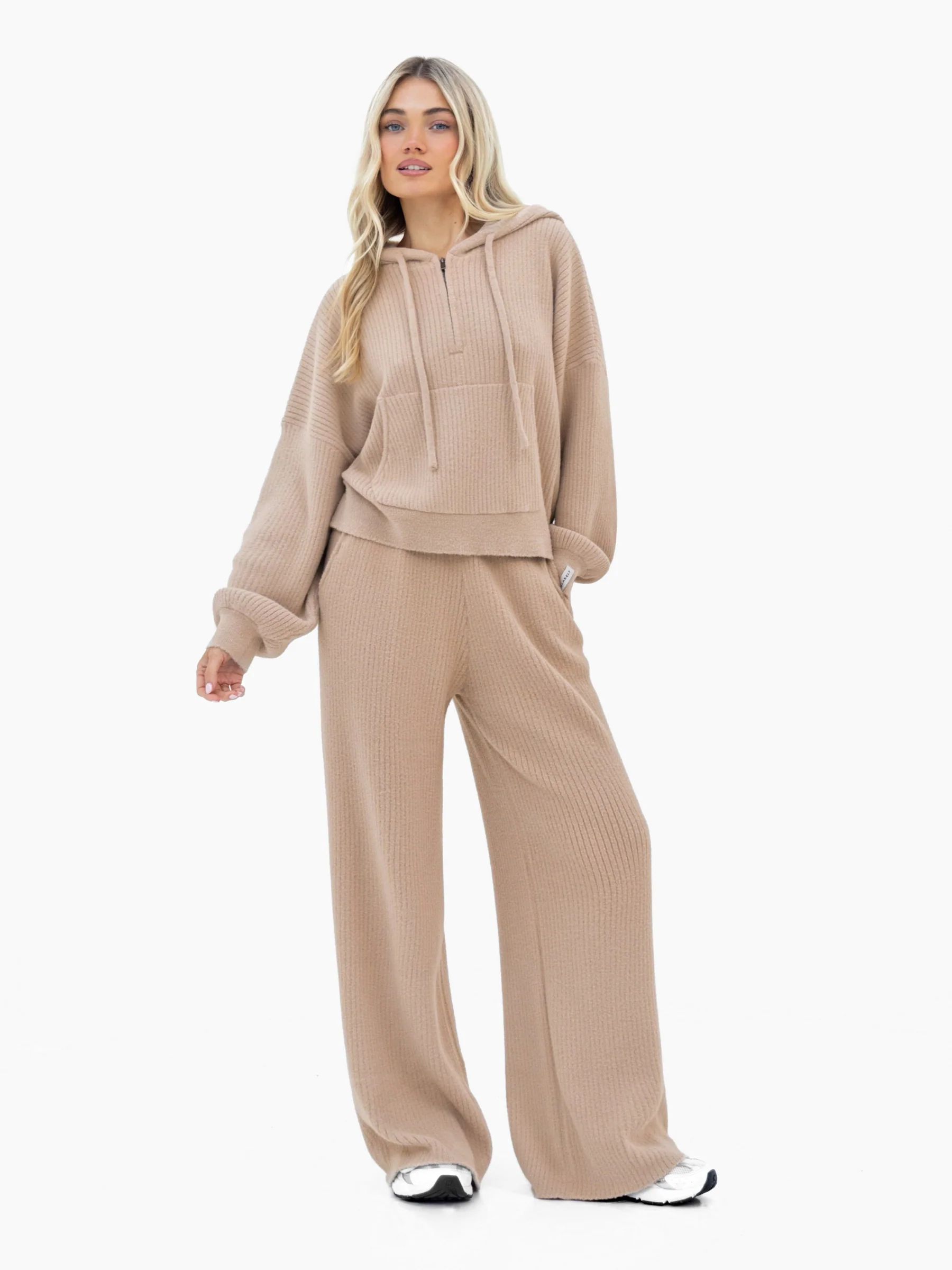 Zoey Ribbed Wide Leg Trousers - Tan - Image 3